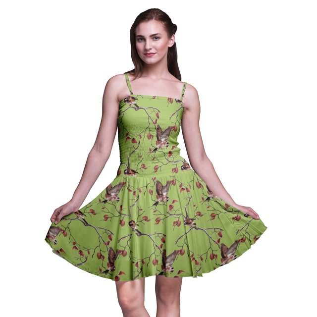 Bimba Robe Soleil Mini à Taille Smockée pour Femmes, Imprimée, Tenue de Fête d'Été pour les Vacances - Grand Vert Pâle