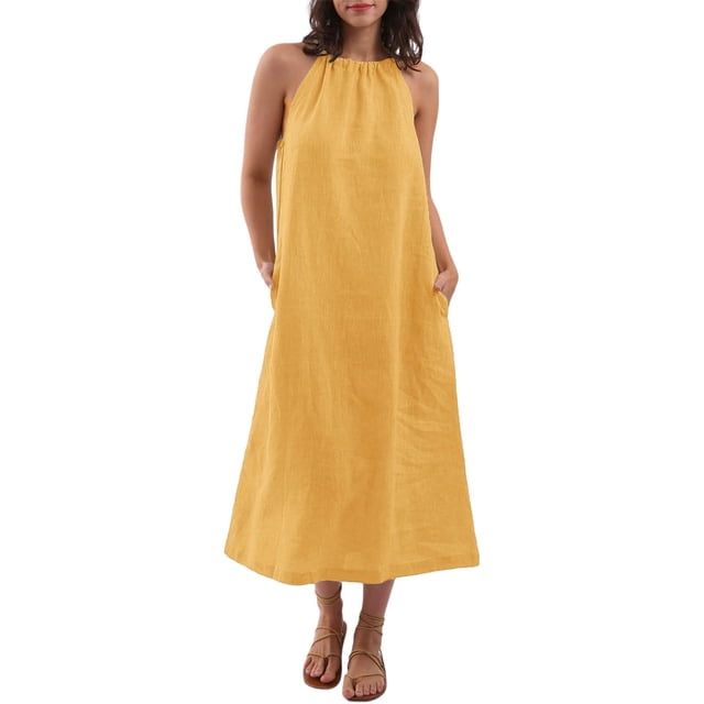 Kaemgyyd Robes à Col Licou pour Femmes Été Sans Manches Robe d'Été Décontractée Plage Vacances Fluide Bohème Mi-Longue avec Poches