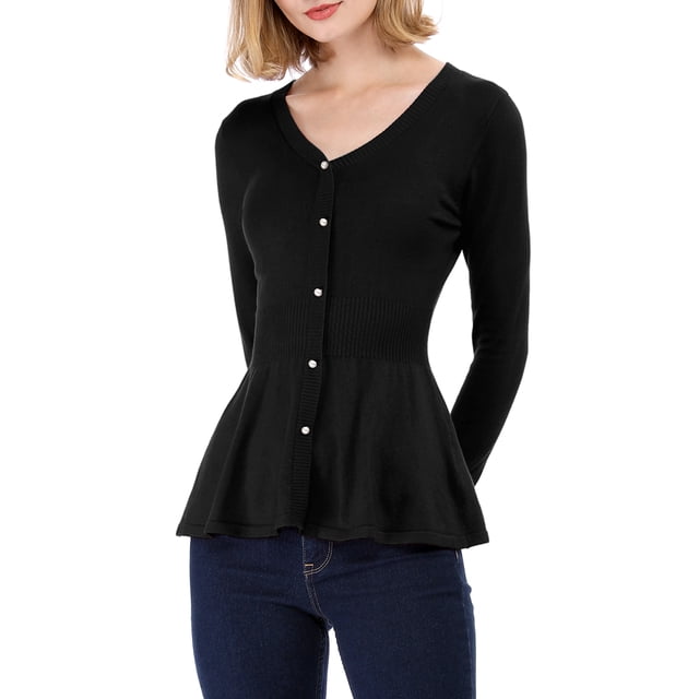 INSPIRE CHIC Women's V Neck Long Sleeve Ribbed Pullover Knitted Peplum Top
