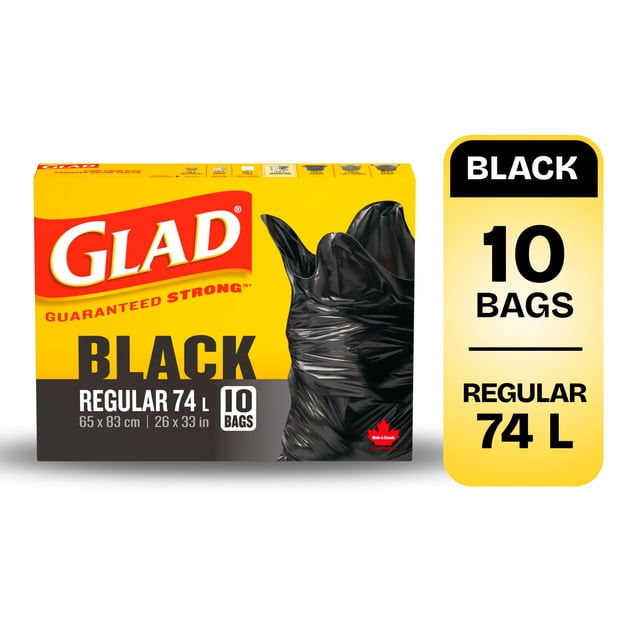 Glad® Easy-Tie® Garbage Bags- Regular 74 L black garbage bags in a yellow and red box with 10 bags, featuring Easy-Tie® flaps and Odour Guard® technology to neutralize odours, ideal for outdoor household garbage disposal.