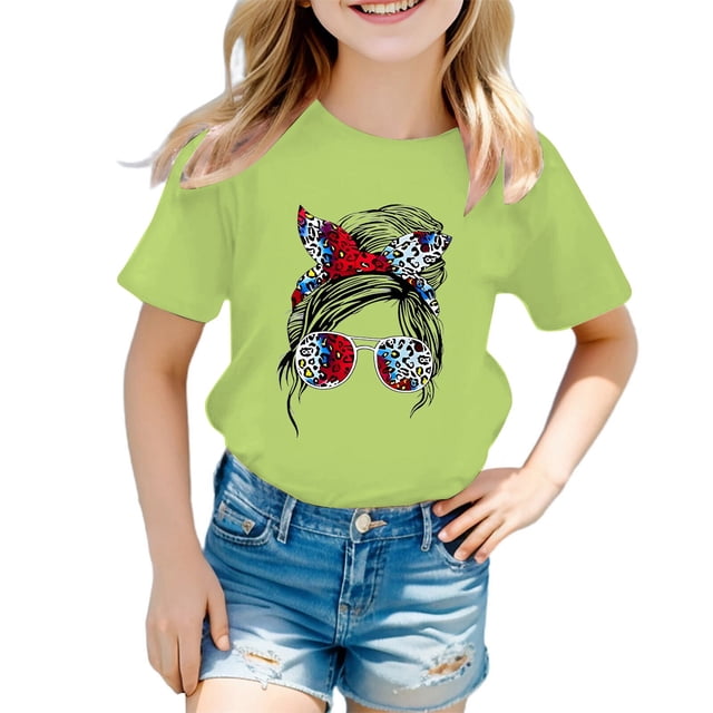 LUOGENLI T-Shirt pour Filles Enfant Filles Mignon Imprimé Graphique Col Rond Manche Courte Tee Été Décontracté T-Shirt Maxi Chemises pour Filles Vert Clair 3-4 Ans