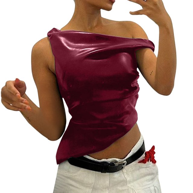 Women's Off Shoulder Faux Leather Tank Top - Sleeveless, Asymmetrical, Side Ruched, Slim Fit, Perfect for Night Out