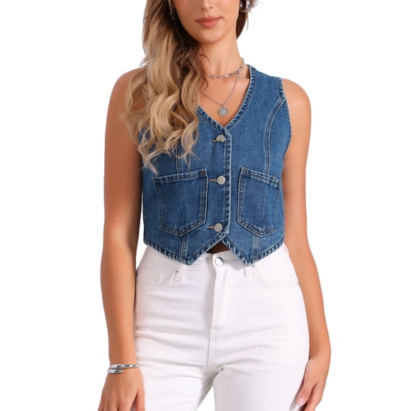 INSPIRE CHIC Women's Vest Denim Y2K V Neck Sleeveless Button Down Jean Waistcoat Crop Vest M Blue