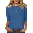 thumbnail image 1 of Yuyuzo Womens 3/4 Sleeve Tops Basic Button Crew Neck Solid Color Loose Fitted Tunics Tee Blouses, 1 of 5