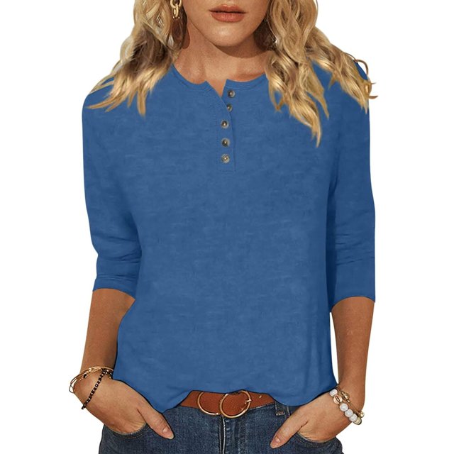 Yuyuzo Womens 3/4 Sleeve Tops Basic Button Crew Neck Solid Color Loose Fitted Tunics Tee Blouses