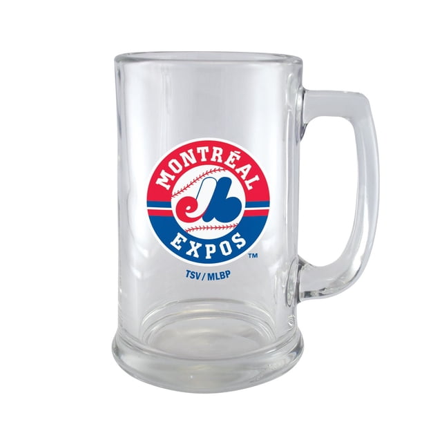 Tasse à Bière en Verre Transparent de 15 OZ BEER STEIN MONTREAL EXPOS avec Poignée Robuste et base Grand, Présentant le logo Officiel MONTREAL EXPOS MLB en Rouge, Bleu et Blanc, Convient à la Boisson à la Bière et à l'Utilisation de Verrerie de bar.