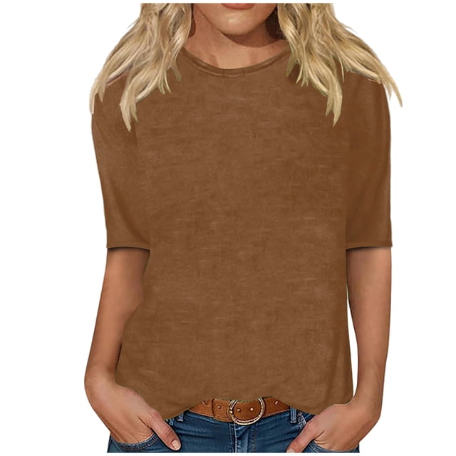 RKSTN Womens Tops Spring and Summer Half Sleeves Round Neck Casual Shirts Pullover Temperament Solid Color Slim Fit Blouse Tops