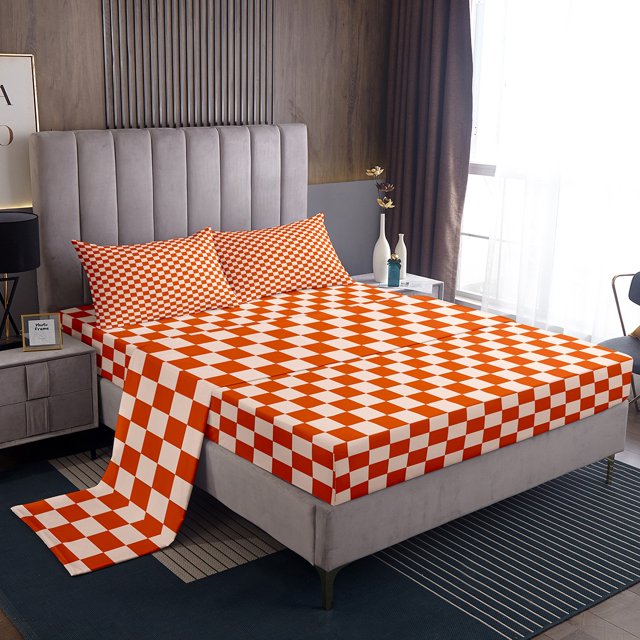 Erosebridal Orange Buffalo Sheet Set Full, Checkered Bedding Sets Full Size, Rectangle Room Decor, 4pcs