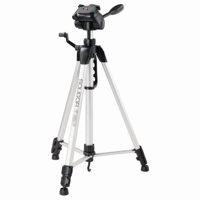 Soligor T175 Trépied Photo Vidéo avec Pattes en Aluminium à 3 Sections et Pinces de Verrouillage Noires, Doté d'Un Support Universel pour Téléphone Intelligent à Tête d'Épingle et d'Une Poignée de Panoramique Ajustable, Présenté en Vue avant 3/4 sur Fond Blanc, Idéal pour une Utilisation stable en Photographie et en Vidéo.