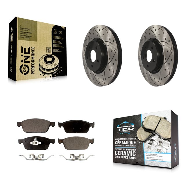 Transit Auto Front Coated Drilled Slotted Disc Brake Rotors and Ceramic Pads Kit for Car 2013-2018 Ford Focus ST with 320mm Diameter Rotor KDT-100108