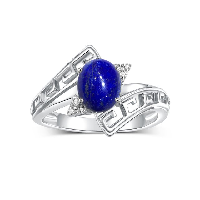 RYLOS Rings for Women Sterling Silver Greek Key Designer Ring 9X7MM Gemstone & Diamond Ring September Lapis Jewelry Size 6