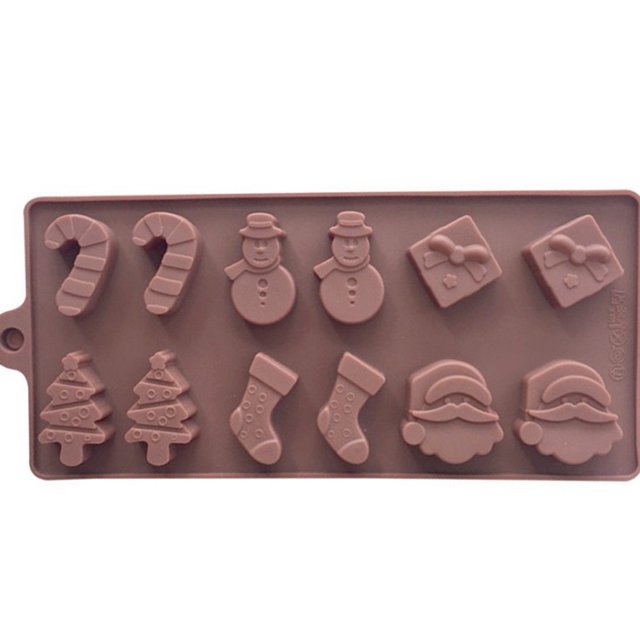 Agiferg Silicone Fondant Mold Cake Decorating Chocolate Baking Mould Tool in coffee color. The mold features festive shapes such as candy canes, snowmen, gift boxes, Christmas trees, stockings, and Santa faces. Made of food-grade silicone, it is non-toxic, eco-friendly, non-stick, and easy to clean. Ideal for baking cakes, chocolates, and pastries. Dimensions are approximately 22.3x10x1.4cm.