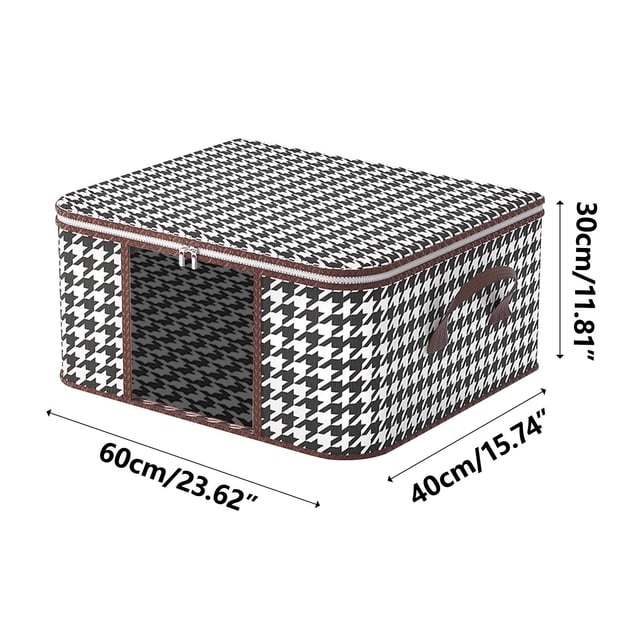 EGNMCR Closet Organizers and Storage, a portable storage bag with a houndstooth pattern, featuring a transparent window for easy content identification. The bag measures 60cm x 40cm x 30cm (23.62in x 15.74in x 11.81in) and includes a double zipper closure and reinforced handles for durability and convenience. Ideal for storing clothes, quilts, and other items in closets, under beds, or during travel.