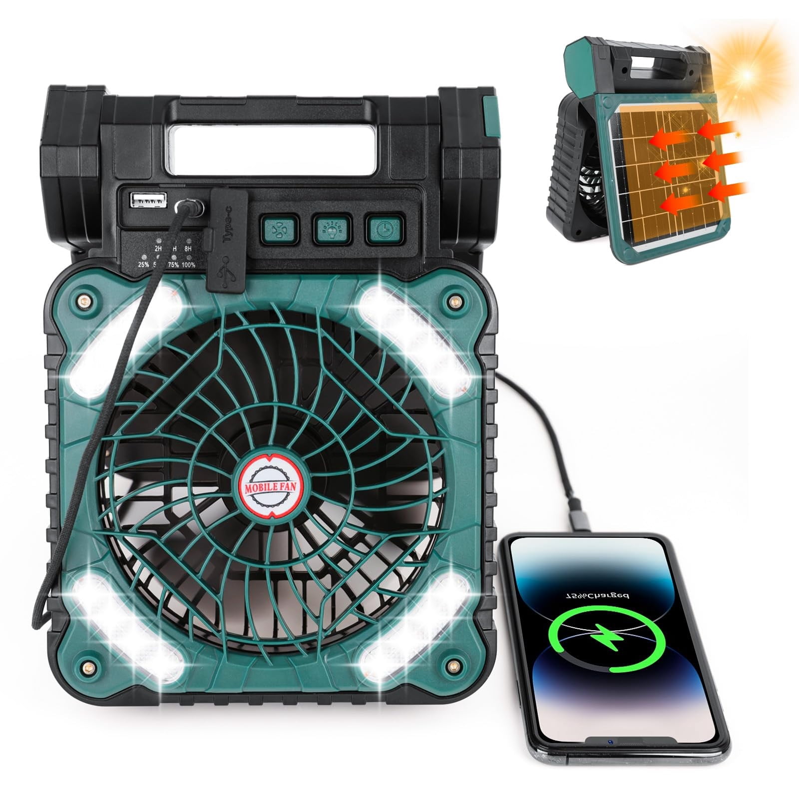 WIFKLSIIPG Solar Battery Operated Fan for Camping 20000mAh Portable Rechargeable Desk Fan with LED Light & Timing Function Folding USB Charger Port Camping Fan Power Bank for Home