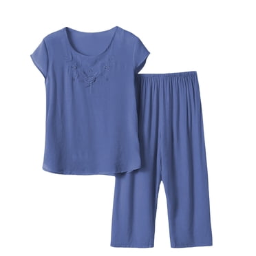 Ladies' Plus Size Sleepwear Set Short Sleeved 3/4 Length Pants Two Piece For Middle And Elderly People Home Wear.