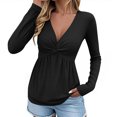 thumbnail image 1 of BLVB Femme Blouse à Col en V Nouée à l'Avant Chemise Manches Longues Élégante Décontractée Sortie T-Shirt Couleur Unie Chandail Hauts, 1 of 6