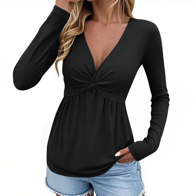 BLVB Femme Blouse à Col en V Nouée à l'Avant Chemise Manches Longues Élégante Décontractée Sortie T-Shirt Couleur Unie Chandail Hauts
