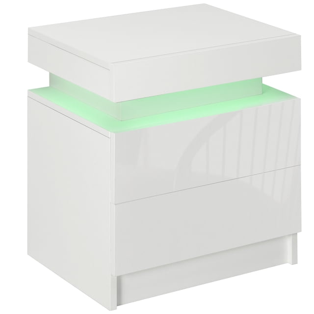 HOMCOM Table de Chevet, Table d'Appoint avec Lumières DEL, Conçue avec une Finition Élégante en Panneau de Particules Blanc, Deux Tiroirs Spacieux et une Bande Lumineuse DEL Intégrée. la Bande Lumineuse Offre 16 Couleurs et Quatre modes, Réglable via une Télécommande, la Rendant Idéale pour les solutions Modernes de Mobilier de Chambre et de Rangement.