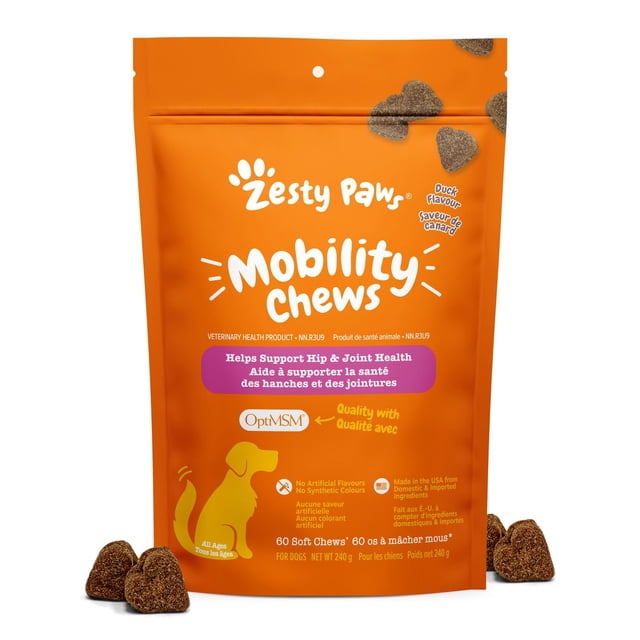 Zesty Paws Mobility Duck Daily Soft Chews Dog Supplement in an orange resealable bag with white and purple text, featuring a yellow dog silhouette and heart-shaped brown soft chews, formulated with OptiMSM, glucosamine, and chondroitin to support hip and joint health for dogs of all ages, also suitable as a tasty daily treat to promote mobility.