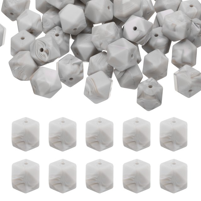 REGALWOVEN 50Pcs hexagonal silicone beads bulk in grey, featuring a geometric design with smooth surfaces and 2mm holes for easy threading. Perfect for DIY crafts and jewelry making, these durable beads can be paired with wooden, heart, lentil, or printed beads.