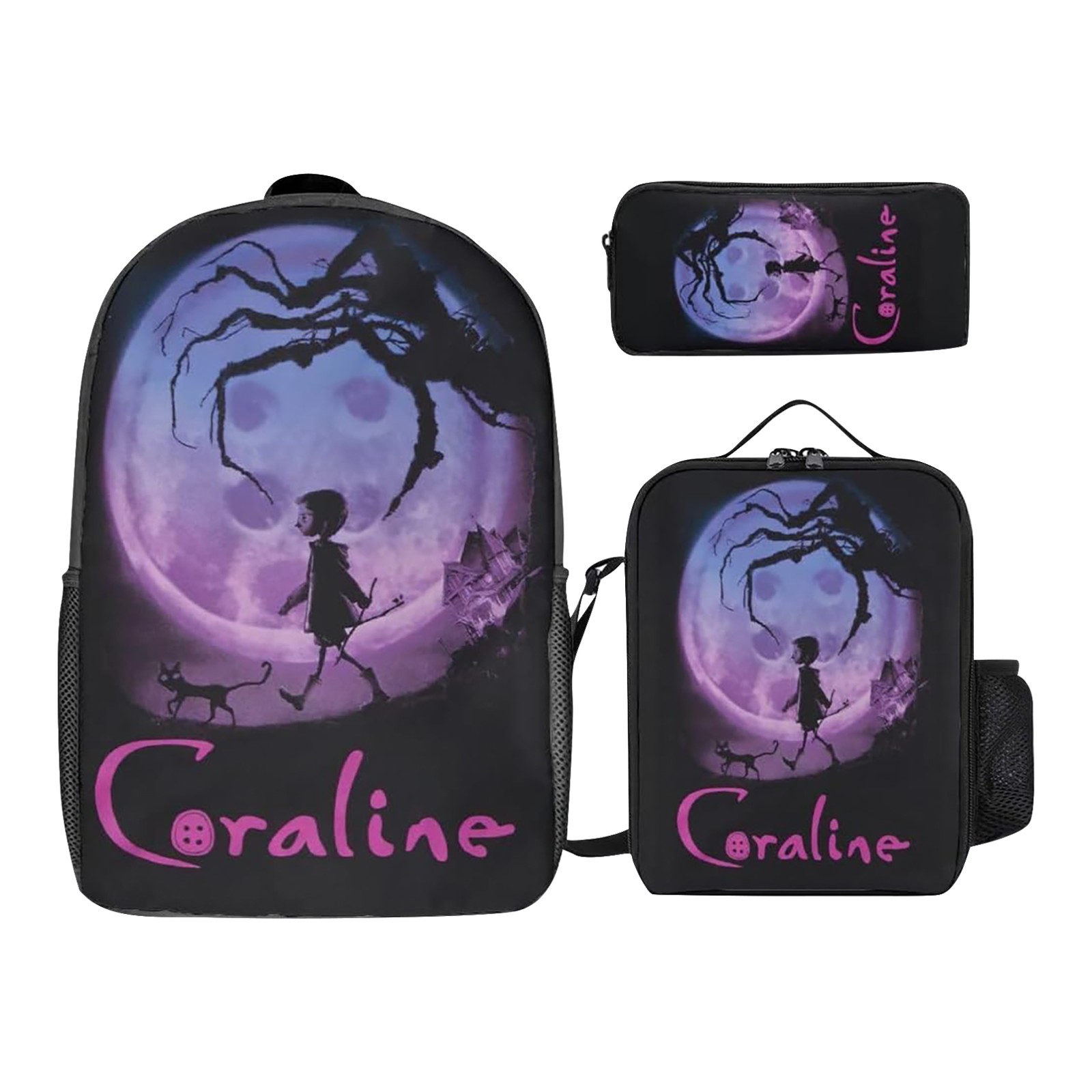 Boys Girls Coraline Backpack Set 3 PCS Cartoon School Backpack with Crossbody Bag Pencil Case Students School Bookbag Cute Coraline Backpack Travel Backpack, Back to School Supplies