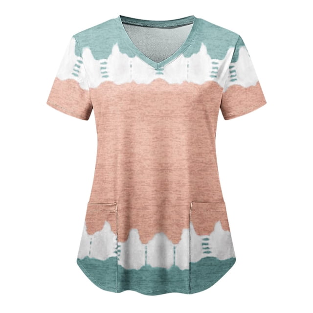 DPTALR Women's Short Sleeve V-Neck Tops Working Uniform Printing Pocket Blouse Tops
