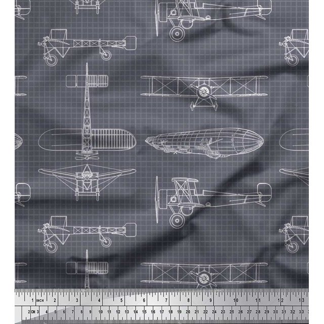 Soimoi Moss Georgette Fabric Check & Airplane Transport Printed Fabric 1 Yard 42 Inch Wide