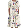 thumbnail image 2 of Pisexur Robe à Manches Courtes à Col Rond pour Femme Été Décontractée Col Rond Manches Courtes Plissée Imprimée Robes Femme Robe, 2 of 5