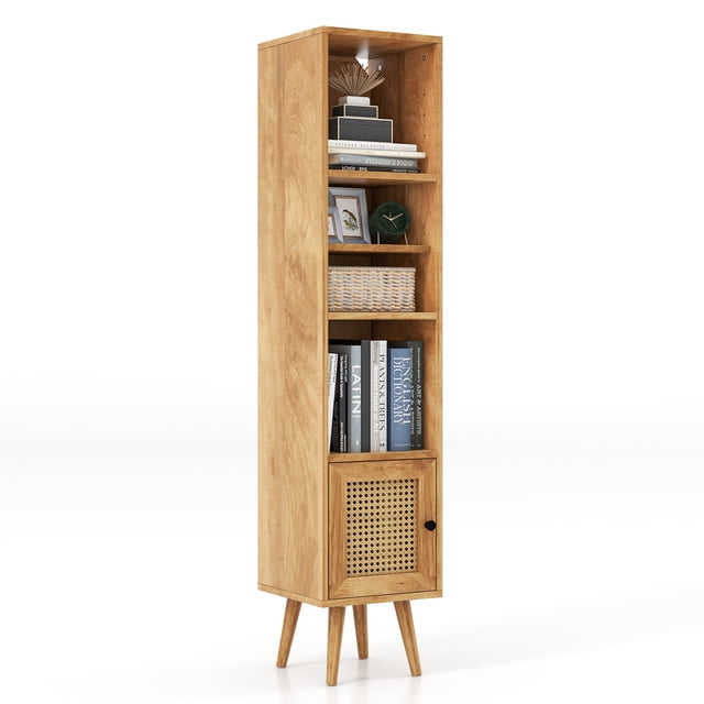 Patiojoy Slim Tall Rattan Storage Cabinet Boho Accent Bookshelf w/ Rattan Door 12-Position Adjustable Shelf & Solid Wood Legs Gray