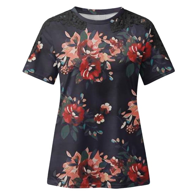 TopLLC Women's Plus Size Tops Short Sleeve Crewneck T Shirt Loose Fit Lace Stitching Shirts Solid Hollow Out Ruffle Tunic Tops