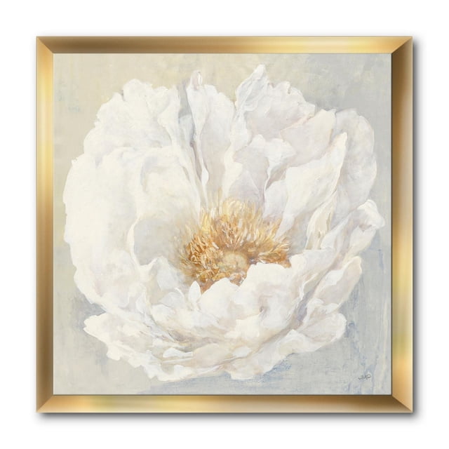 Designart White Serene Peony Framed Wall Art depicting a centered white peony flower with layered petals and a golden-yellow center, printed on premium cotton canvas and mounted in a 1.5-inch wide gold frame. Suitable for home décor and often used to add a calming floral accent to living spaces.