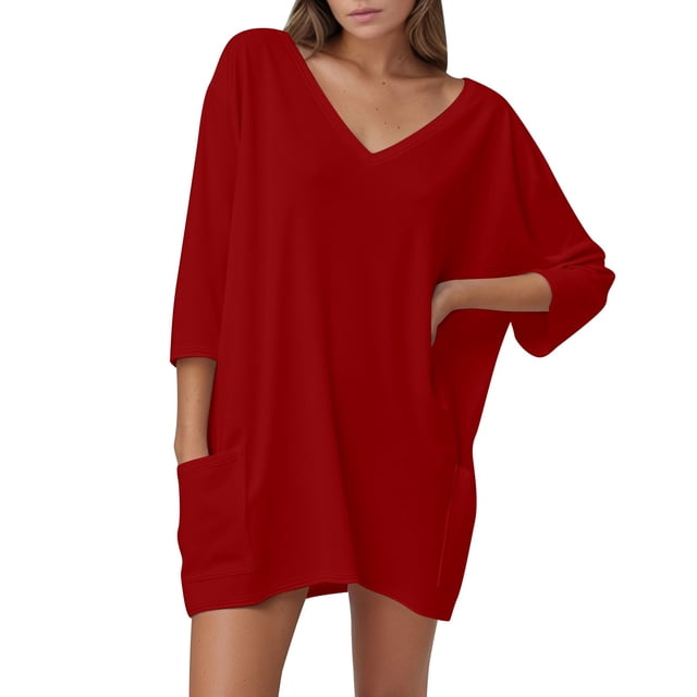YFELWZ Womens Plus Size Tops Loose V Neck 3/4 Sleeve T Shirt Red S