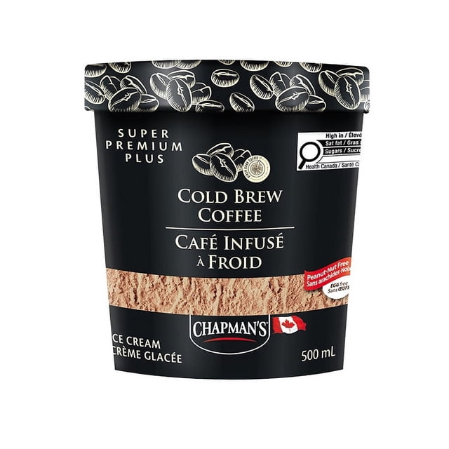Chapman's Super Premium Plus Cold Brew Coffee Ice Cream in a 500 mL black tub with coffee bean illustrations on the lid, labeled peanut, nut, and egg free, made with 100% Canadian dairy, offering a rich, smooth cold brew coffee flavor suitable for coffee aficionados.