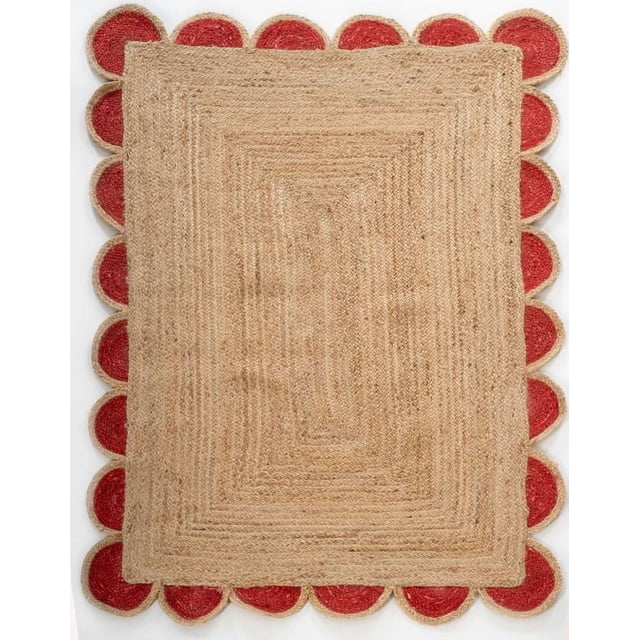 Handwoven Natural Jute Red Scalloped Rugs , Home Décor Jute Carpet 4 x 6 Feet ( 120 cm x 180 cm )Rectangle
