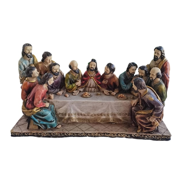 Resin The Last Supper Decorative Statue depicting the iconic Last Supper scene. Made of high-quality resin, this hand-painted figurine features bold colors and intricate details. Measuring approximately 30x12x17cm (11.81x4.72x6.69 inches), it is ideal for religious home décor, office spaces, or as a thoughtful gift. The sculpture showcases Jesus and his disciples seated around a table, with textured elements and a detailed tablecloth. Suitable for tabletop display in living rooms, bedrooms, or studies.