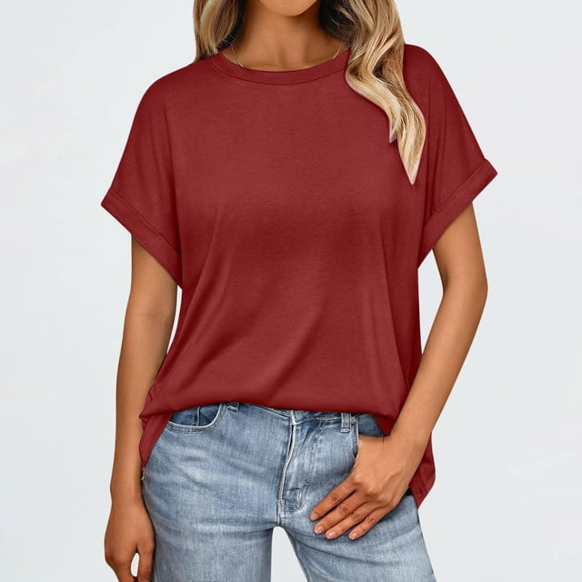 Binmer T-Shirt à Manches Courtes Décontracté pour Femme, Couleur Unie, Col Rond