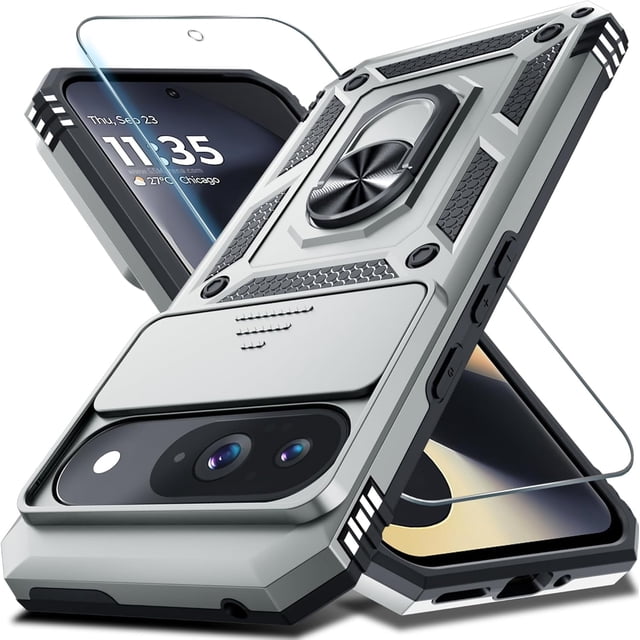 KOMI Case Compatible with Google Pixel 9/9 Pro Built in Slide Camera Lens Cover+Screen Protector+Finger Ring Holder Kickstand,Heavy Duty Shockproof Full Body Protective Phone Cover, Silver