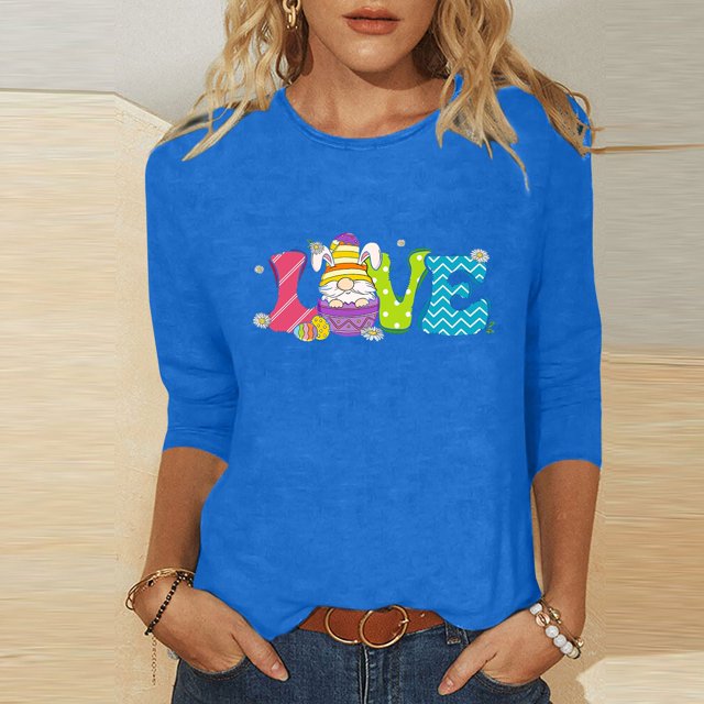Xihbxyly Hauts Décontractés pour Femmes T-shirt à Col Rond Imprimé de Pâques à Manches 3/4 T-shirt à Col Rond Chandail à Enfiler Tendance à Petit Budget