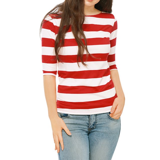INSPIRE CHIC Chemises Rayées pour Femmes Coupe Ajustée Manches au Coude T-Shirt à Encolure Bateau L Rouge