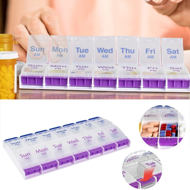 Mohdy 14-Compartment Double-Row Push-Button Pillbox Storage Box,14 Bar Double Button Storage Box Sub Pack Easy to Carry Cartridge Weekly Storage Box,Material:Pp