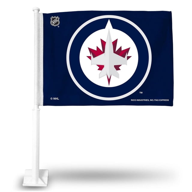NHL Winnipeg Jets Car Flag 11.25″ x 15.5” with a navy blue polyester flag featuring the Winnipeg Jets logo of a white fighter jet over a red maple leaf inside a white circle, printed on both sides and mounted on a 19-inch white plastic pole for vehicle window attachment, suitable for showing team pride outdoors.