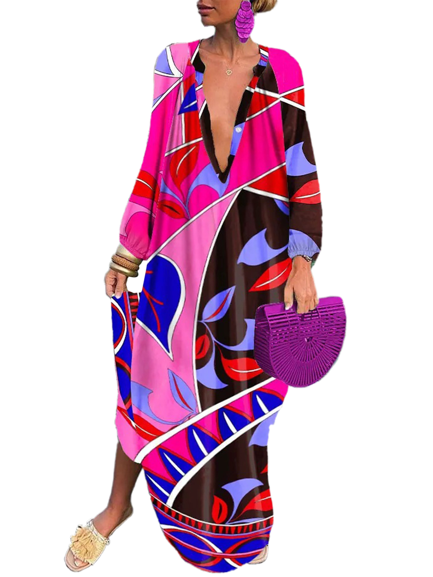 Innerwin Robe Boutonnée Femme Robes Maxi Automne Manches Longues Ample Rose Rouge Violet G