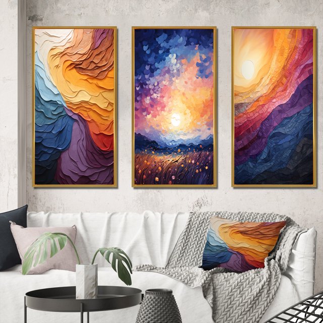 Designart "Lyrical Sunset Yellow Orange Abstraction II" Abstract Framed Wall Art Set Of 3 - Yellow Lyrical Abstraction Frame Gallery Set For Office Decor