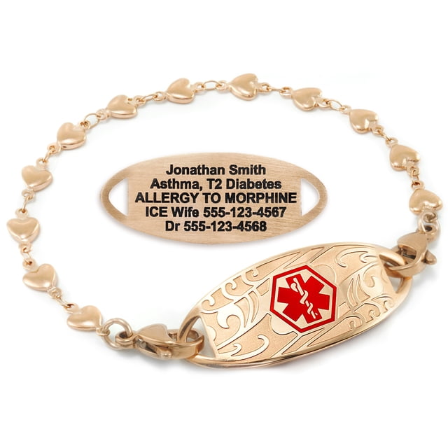 MedicEngraved Rose Gold Stainless Steel Custom Medical Alert Bracelet - 5mm Heart Link