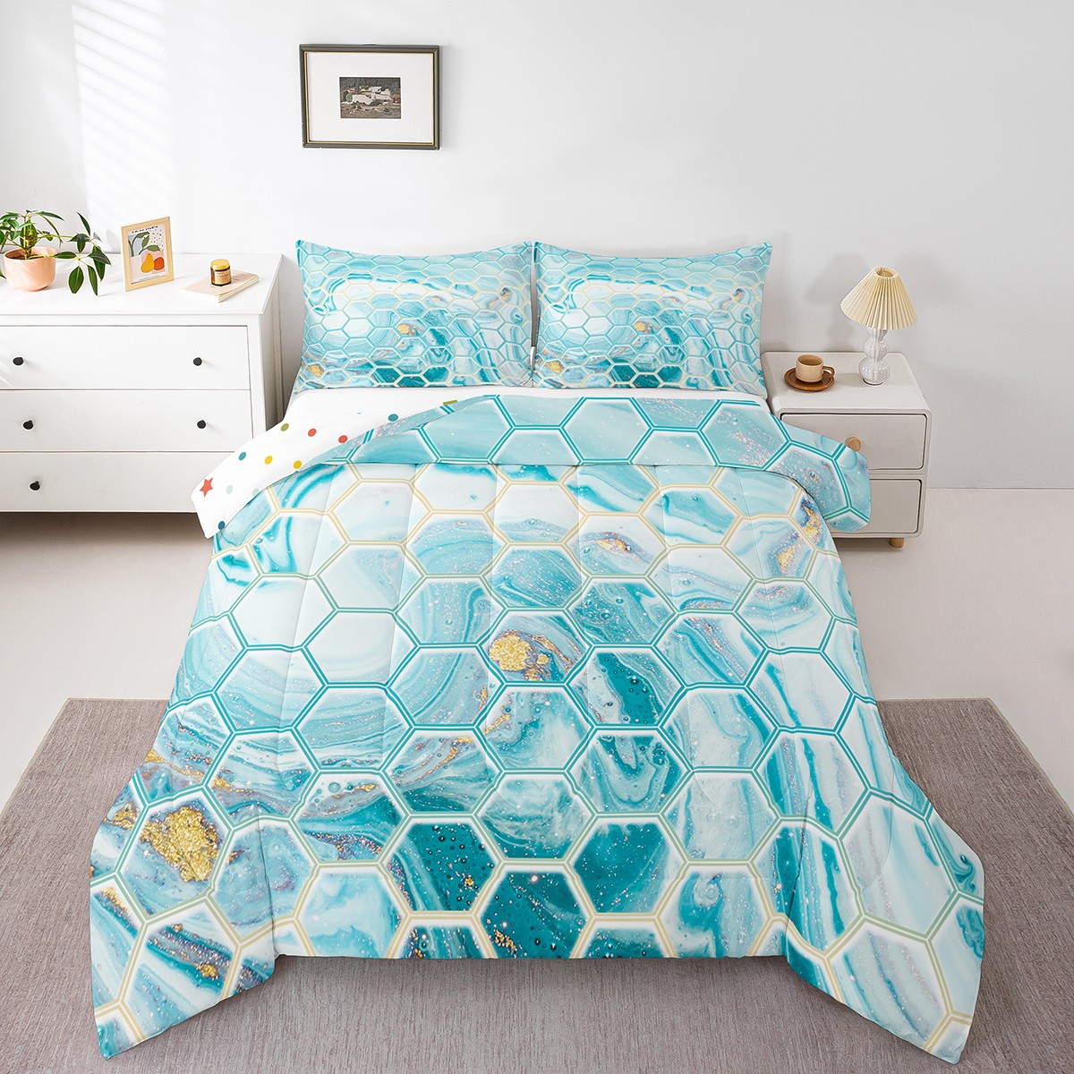 Erosebridal Aqua Blue Marble Bedding Toddler Comforter Set, Abstract Honeycomb Down Comforter, Reversible 2 Pieces