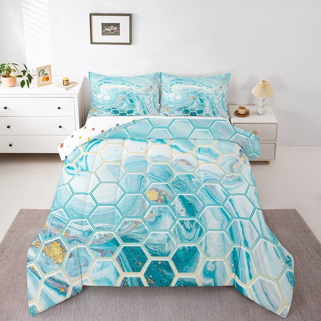 Erosebridal Aqua Blue Marble Bedding Queen Comforter Set, Abstract Honeycomb Down Comforter, Reversible 3 Pieces