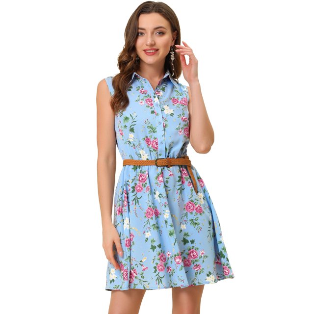 INSPIRE CHIC Robe Sans Manches Ceinturée au-Dessus du Genou à Demi-Patte de Boutonnage Imprimée pour Femme Bleu-Rose Floral m