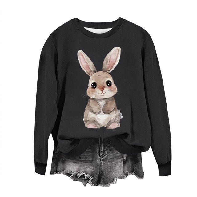 Penkiiy Chemises de Pâques pour Femmes 2024 Manches Longues Mignon Lapin Col Rond Chandail en Molleton Graphique Lapin Décontracté Été Blouse Tunique Hauts TG Noir
