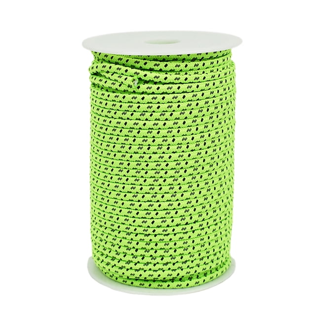 Amdohai 50m reflective rope paracord cord designed for outdoor gear, camping tents, and awnings. The rope is 164ft long, made of polypropylene, and features a 2.5mm diameter with a single inner strand core. Its reflective surface enhances visibility in low-light conditions, making it ideal for securing tents, awnings, and canopies. The paracord is shown coiled on a white spool, with a bright green color and black reflective accents.