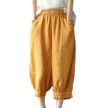 CHUANK Women Harem Pants High Elastic Waist Loose Pockets Solid Color Mid-calf Length Retro Casual Lady Summer Spring Cropped Trousers